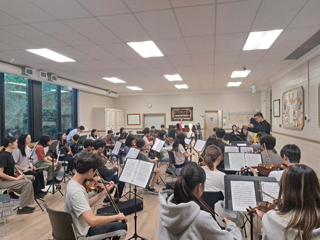 Youth sitting in a large room together playing the violin, flute, viola, clarinet, trumpet, and cello. 